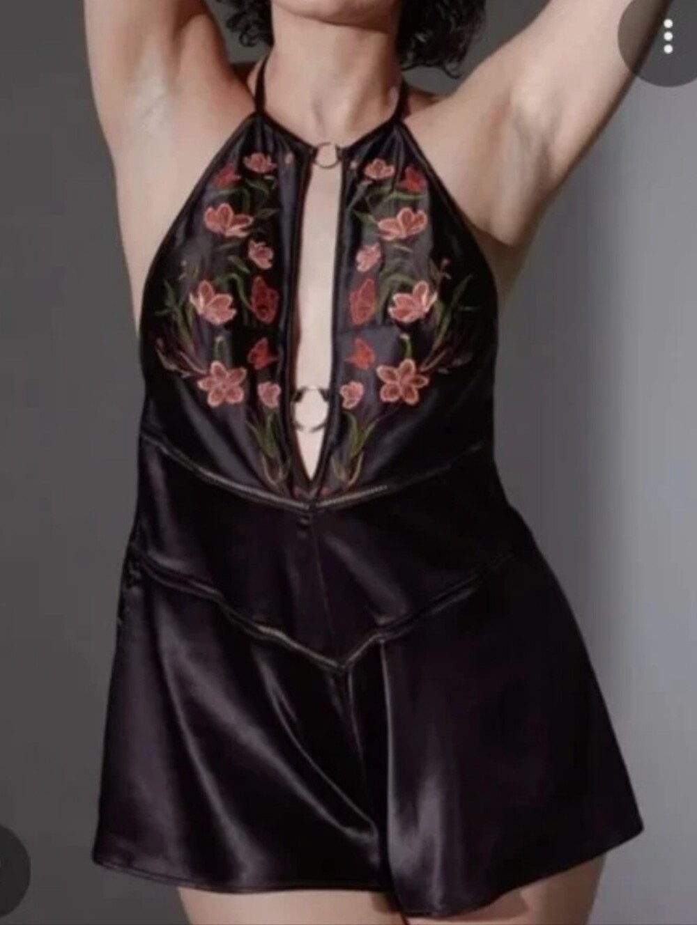 Thistle and Spire Persephone Teddy Black Satin Halter Romper Embroidered Size M
